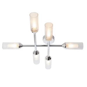 Chrome Semi Flush Bathroom Ceiling Light - Ribbed & Frosted Glass - 6 Bulb