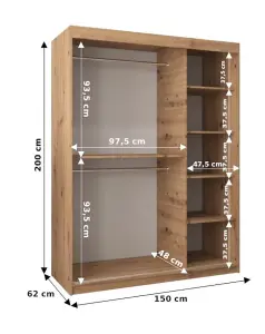 Elypse Sliding Door Wardrobe in Oak Sonoma - Modern Storage Unit with Shelves and Hanging Rails (W1500mm x H2000mm x D620mm)