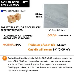 Self-Adhesive Vinyl Floor Tiles - 30 Pack for 30 ft² (2.79 m²) Coverage - Peel & Stick Vinyl Floor Tiles, Grey-White Marble Effect