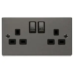 Black Nickel 2 Gang 13A DP Ingot Twin Double Switched Plug Socket - Black Trim - SE Home