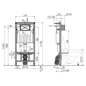 Concealed 1.12m Wall Hung Toilet Cistern Frame Adjustable WC Unit & Gloss Chrome, White Trim Flush Plate