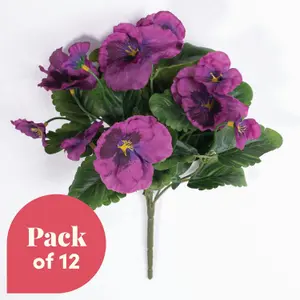 Blooming Artificial - 28cm / 1ft Purple Fake Pansy Bush Multi-Pack