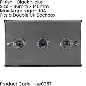 3 PACK 3 Gang Triple Retro Toggle Light Switch BLACK NICKEL 10A 2 Way Plate