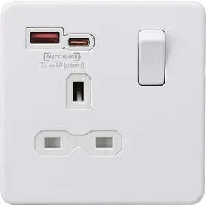 Knightsbridge Screwless Single Switched Socket Dual USB-C USB-A FASTCHARGE Matt White SFR9919MW