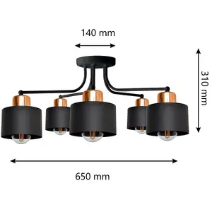 Luminosa Edison Multi Arm Semi Flush Ceiling Light Black, Copper 65cm