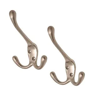 2 x Satin Nickel Metal Triple Hat and Coat Hooks, Door Robe Dress Hangers