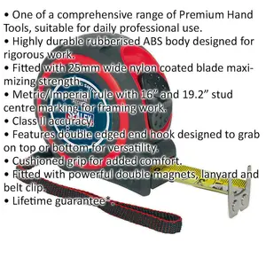 8m Heavy Duty Tape Measure with Rubberised ABS Body and Versatile Double Edged Hook