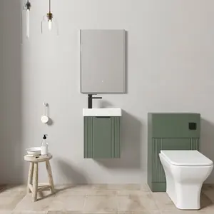 Cloakroom Suite - Fluted Wall Hung Vanity, WC, Toilet and Tap - Green/Black