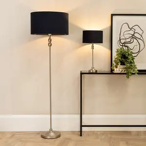 ValueLights Maggie Brushed Chrome Silver Candlestick Floor Lamp with Black Fabric Lamp Shade