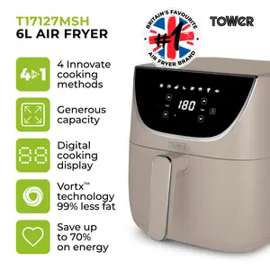 Tower Vortx Air Fryer with Digital Control Panel, 1700W, 6L Latte