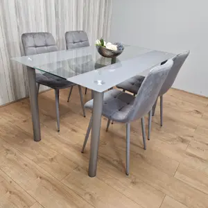 Grey Clear Glass Dining Table With 4 Grey Tufted Velvet Chairs Dining Set