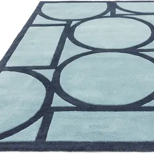 Blue Geometric Wool Bordered Handmad Rug For Bedroom & Living Room-120cm X 170cm