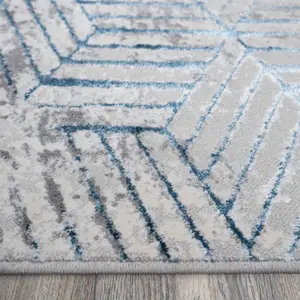 Blue Grey Distressed Abstract Metallic Geometric Living Runner Rug 70x240cm