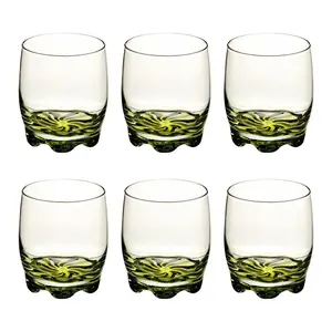 URBNLIVING 9cm Height Set Of 6Tall Green Coloured Flower Base Glass Drinking Whiskey Cups Glasses