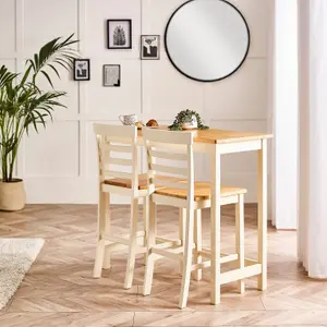 Furniturebox UK Rye Cream Painted Solid Wood Bar Table With Oak Colouur Top and 2x Matching Bar Chairs Dining Set