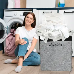 Grey Polyester Large Laundry Hamper Collapsible Laundry Basket - 70L