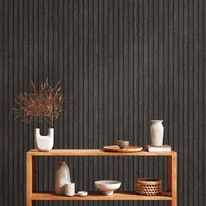 AS Creation Wooden Slats Panelling 3D Wood Panel Stripe Non Woven Wallpaper Charcoal Black 39109-4