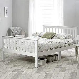 Classic Modern Solid Wood Double Bed Frame 4FT6 Wooden Bed in White