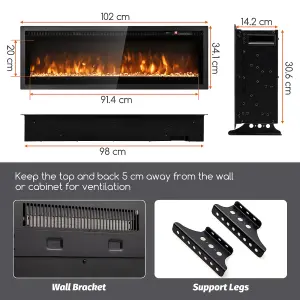 COSTWAY 102 cm Electric Fireplace Wall Mounted/Recessed/Freestanding 750W/1500W Fireplace Heater