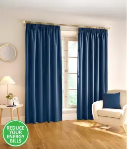 Enhanced Living 100% Blackout Thermal Navy Linen Look Tape Top Curtains   Pair 90 x 90 inch (229x229cm)