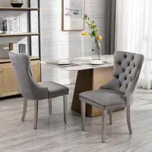 Set of 2 Grey Velvet Upholstered Dining Chairs with Steel Legs, Wing Back Home Office Bedroom Kitchen Chairs