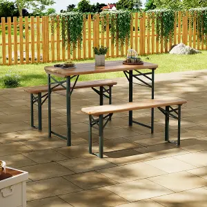 Set of 3 Garden Patio Metal Wood Folding Table Bench Set Camping Outdoor Furniture Set