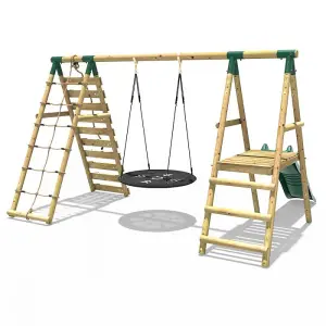 Rebo Wooden Swing Set with Deck and Slide plus Up and Over Climbing Wall - Pyrite Green