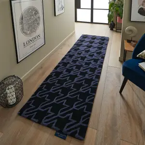 Houndstooth 162808 Wool Runner Rugs by Ted Baker in Dark Blue - 67x230cm