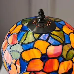 Tiffany Glass Table Lamp Light Dark Bronze & Multi Colour Floral Shade i00212