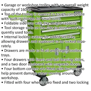 Heavy-Duty Mobile Tool Trolley with 4 Drawers and 2 Cupboards for Workshops