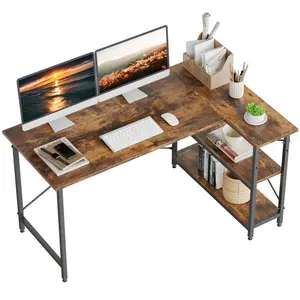 L-Shaped Desk (120 or 140cm x 90cm) Corner Desk with Adjustable Shelves by Aliff Rustic Brown / 74cm H x 140cm W x 90cm D