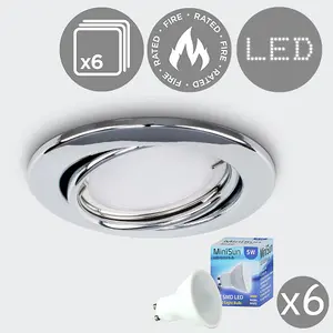 ValueLights Pack of 6 Fire Rated Chrome Tiltable GU10 Recessed Ceiling Downlights - Complete with 5w LED Bulbs 3000K Warm White