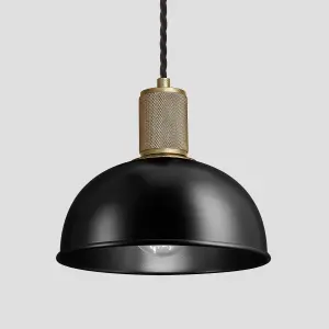 Industville Knurled Dome Pendant Light, 8 Inch, Black, Brass Holder