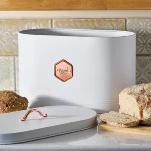 Cooks Professional Kitchen Storage Bread Bin Canister With Nameplate White / Copper