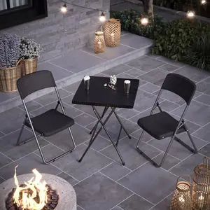 URBNGARDEN 82cm Height 3 Pcs Black Rattan Design Folding Square Table & Chairs Set