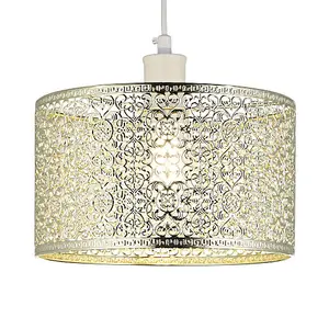 Ornate Moroccan Style Decorated Shiny Gold Metal Pendant Lamp Shade 25cm x 15cm