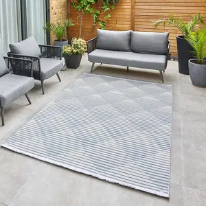 Blue Outdoor Rug, Geometric Striped Stain-Resistant Rug For Patio Decks, 3mm Modern Outdoor Area Rug-190cm X 290cm