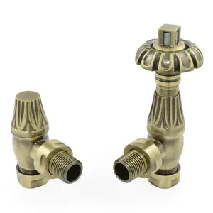 Right Radiators Traditional Thermostatic TRV Antique Design Angled Radiator Rad Valves Pair Polished Antique Brass