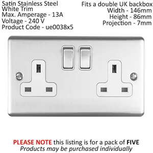 5 PACK 2 Gang Double UK Plug Socket SATIN STEEL & White 13A Switched Outlet