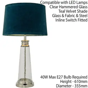 Luxury Table Lamp Textured Hammered Clear Glass & Teal Velvet Fabric Shade Light