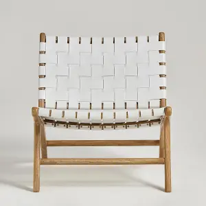 London Accent Chair White Real Leather Woven Straps Seat Nordic Style Teak Frame