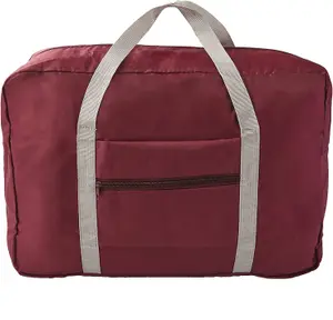 Foldable Travel Bag - Handy Red Berry Polyester Zip Up Duffel Weekend or Gym Bag - Measures 44cm x 28cm x 14cm