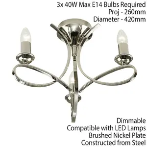 Eaves Semi Flush Ceiling Chandelier 3 Lamp Bright Nickel Curved Multi Arm Light