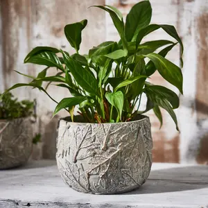 Contemporary Grey Leaf Embossed Large Indoor Outdoor Flower Plant Pot Houseplant Garden Planter