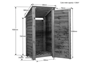 Wooden log store (roof sloping back) with door W-99cm, H-180cm, D-88cm - brown finish