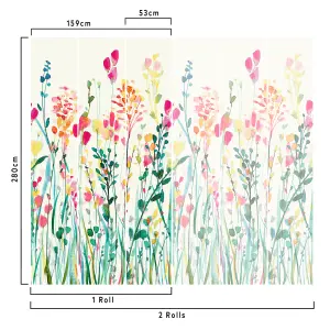 Watercolour Meadow Flowers 3 lane Repeatable Wallpaper Mural,  Pink & Green