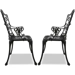 Homeology Tabreez 2-Large Garden and Patio Bistro Chairs with Armrests in Cast Aluminium Black