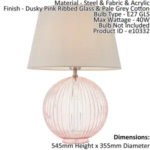 Table Lamp Dusky Pink Ribbed Glass & Pale Grey Cotton 40W E27 Bedside Light