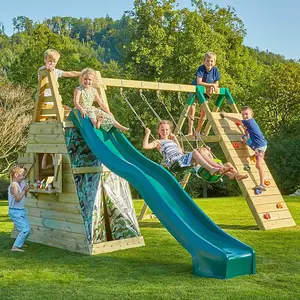 Rebo Wooden Pyramid Climbing Frame with Swings and 8.7ft Water Slide - Rainbow