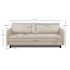 Bruno 3 Seater Sofa Bed with Storage - Beige (Lumos22)